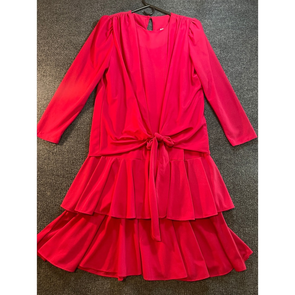 Vintage T F Made in USA Pink Ruffle Tiered Long Sleeve Back Tie Dress Party  10